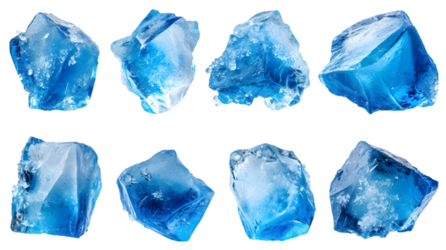 Set of pieces of pure blue natural crushed ice. Ice cubes isolated on transparent background