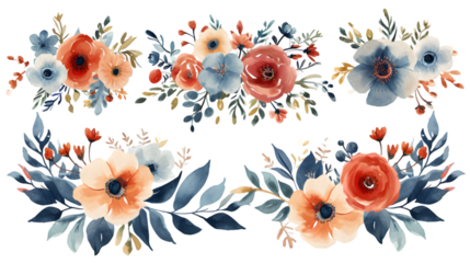 Set of vector watercolor seaweed and corals isolated on transparent background