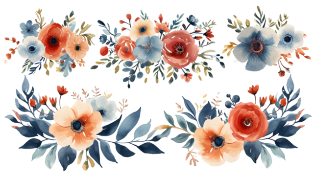 Set of vector watercolor seaweed and corals isolated on transparent background