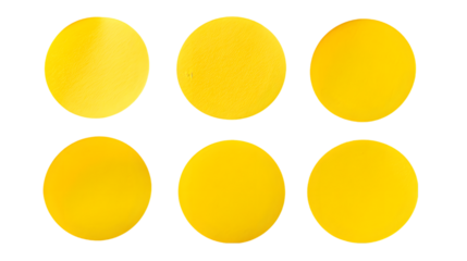 six yellow round stickers isolated on transparent background
