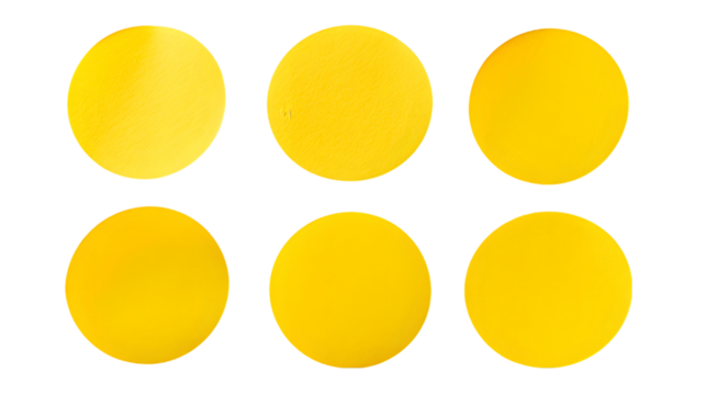 six yellow round stickers isolated on transparent background