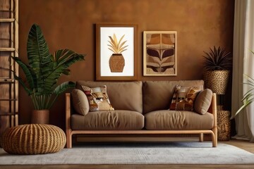 Yellow Couch Basking in Sunlight Next to a Picture Window, Cozy Living Room with Yellow Bench, Blanket, Pillows and Houseplants


