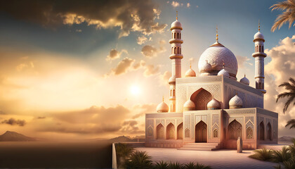 a grand Islamic mosque, radiating a serene twilight ambiance, nestled in the heart of a vast desert
