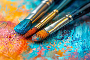 Obraz premium Vibrant close-up of paint brushes with fresh paint on a multicolored artist's palette, representing creativity and artistry.