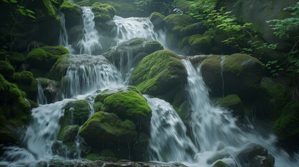 Craft a captivating image of a waterfall adorned with lush moss in Korea, capturing the serene beauty of nature. 