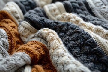 Close-up of a cozy hand-knitted woolen blanket in beige and orange, with balls of yarn nestled within its folds.