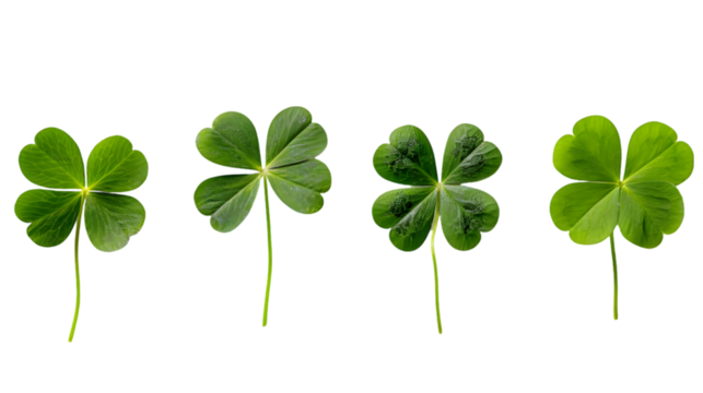 three-leaf and four-leaf clover in a row isolated on transparent background