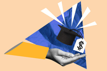 Concept of financial literacy and education. Human hand and graduation cap with dollar sign. Art...
