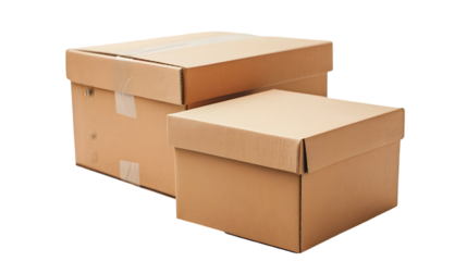 two closed cardboard boxes isolated on transparent background