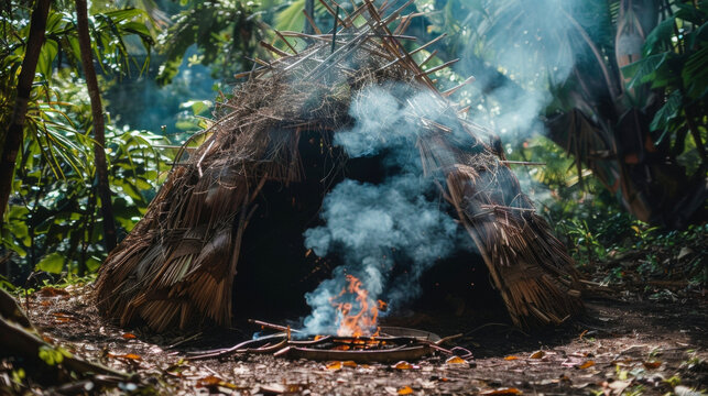 An old sweat lodge tucked away in a clearing made of woven branches and covered with animal hides. Wisps of smoke rise from a pit in the center where sacred herbs are being