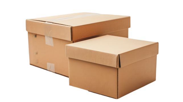 two closed cardboard boxes isolated on transparent background