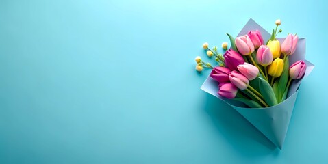 A bouquet of Colorful Tulips with copy space