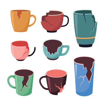 Set of broken cups set collection, broken mug clay with cracks, vintage fragile broken dishes, shards of mugs, crumpled teaspoon, he repair of earthenware, isolated on white background.