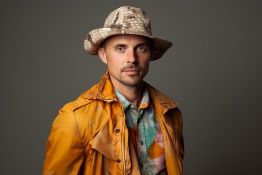 Portrait of a handsome man in a yellow raincoat and hat.