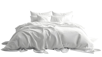 White bed isolated, white bed linen isolated, bed with pillows and duvet isolated on transparent background