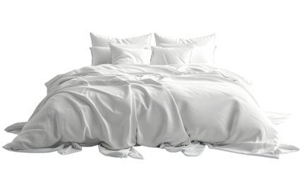 White bed isolated, white bed linen isolated, bed with pillows and duvet isolated on transparent background