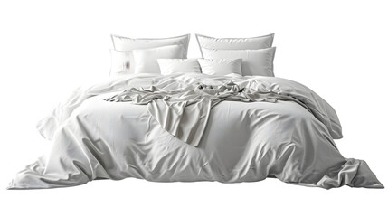 White bed isolated, white bed linen isolated, bed with pillows and duvet isolated on transparent background