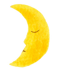 Cute sleeping cartoon moon. Hand drawn watercolor illustration cartoon moon isolated on white. - 752001787
