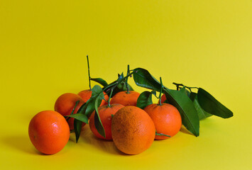 mandarinen mit blättern auf dem gelben hintergrund