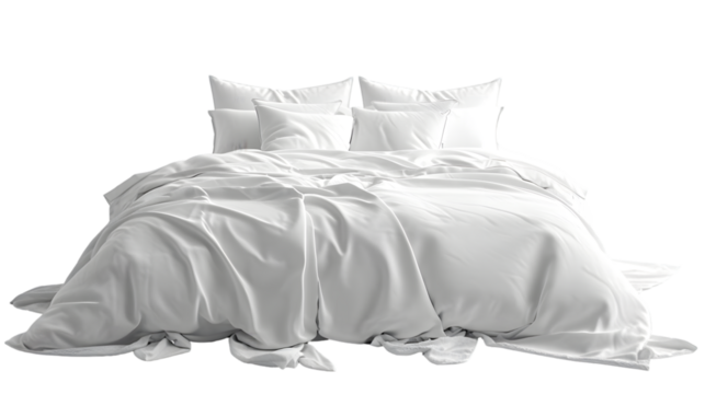 White bed isolated, white bed linen isolated, bed with pillows and duvet isolated on transparent background