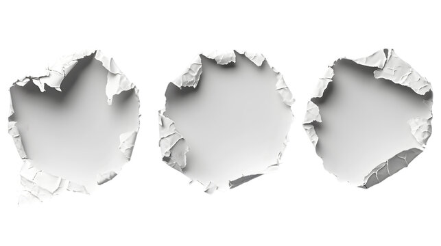 white damaged, torn, round stickers isolated on transparent background