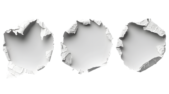 white damaged, torn, round stickers isolated on transparent background