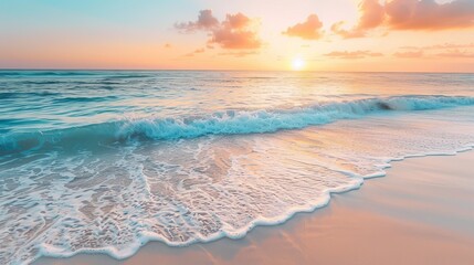 Pristine beach landscape at sunset with calm waves and a serene sky reflecting tranquil colors