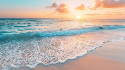 Crédence de cuisine en verre imprimé Réflexion Pristine beach landscape at sunset with calm waves and a serene sky reflecting tranquil colors