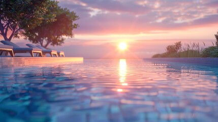 Contemporary infinity pool reflecting sunset hues, blending modern architecture with tranquil sea