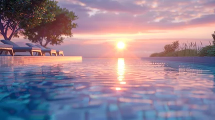 Photo sur Plexiglas Réflexion Contemporary infinity pool reflecting sunset hues, blending modern architecture with tranquil sea