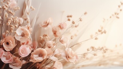 Elegant pastel-toned floral arrangement with delicate paper-like flowers and ethereal dried grasses