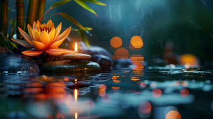 Tranquil spa setting with natural massage stones and water lilies, evoking a zen-like ambiance