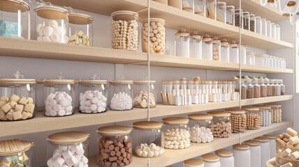 A section of the store dedicated to gourmet sweets with shelves lined with jars of homemade marshmallows candied nuts and classic chocolatecovered graham crackers. - obrazy, fototapety, plakaty