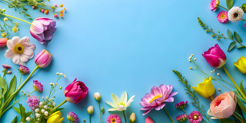 Spring blossoms on light blue backdrop, flat lay