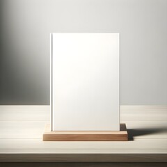 Modern Hardcover Book Mockup on Wooden Stand with Clean Background, Perfect for Displaying Artistic Covers and Designs with Sharp Contrast and Focus on a Natural, Minimalistic Aesthetic