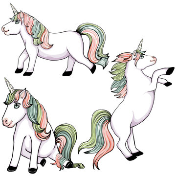 Collection of majestic unicorns, mini horse, pony isolated, sitting, running, standing