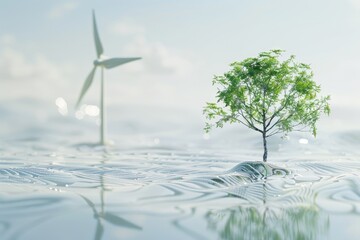 Tree and Wind Turbine in the concept of renewable energy or sustainability