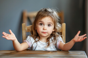 Beautiful brunette little girl making a gesture to the camera which means I don't know or unsure. color studio background
