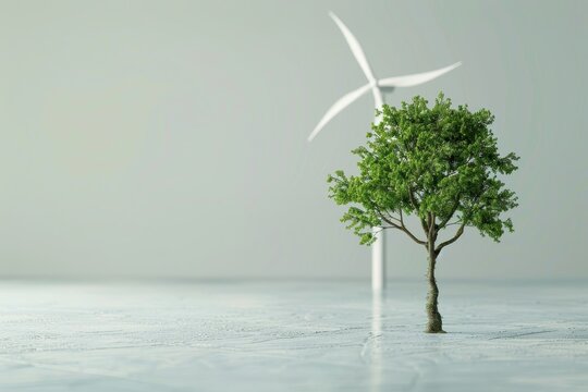 Tree and Wind Turbine in the concept of renewable energy or sustainability