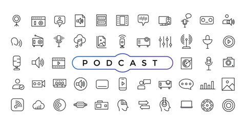 Podcast and education set of web icons in line style. Learning icons for web and mobile app. E-learning, video tutorial, knowledge, study, school