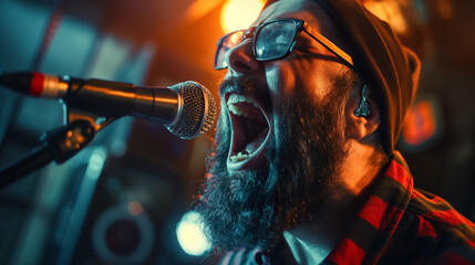 Bearded singer passionately performing live. - obrazy, fototapety, plakaty