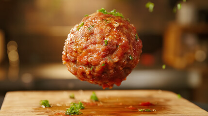Succulent meatball suspended in mid-air. - obrazy, fototapety, plakaty