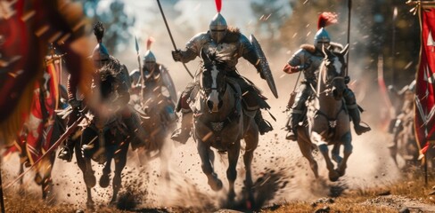 Fototapeta premium With speed and agility the Frankish warriors charge forward on their powerful warhorses leaving dust in their wake.