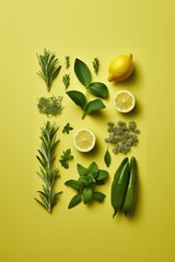 Fresh herbs and spices on light green background.