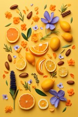 Fruits and flowers on yellow colour background. Decorative foot still life image.