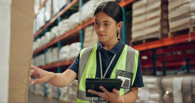 Woman, supply chain and inventory inspection with tablet for logistics, shipping or storage management at warehouse. Female person or depot inspector with technology for stock count or checklist