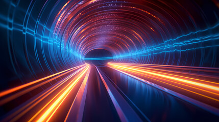 Fototapeta na wymiar Tunnel traffic at night, highway lights on the road