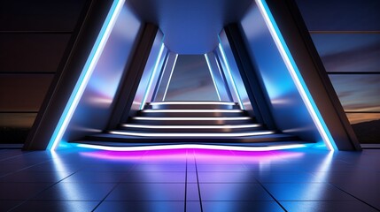 Futuristic entrance with glowing neon lights leading to a utopian world ultramodern architecture...