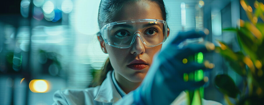 Scientist wearing a lab coat and goggles, holding a test tube with a green liquid.