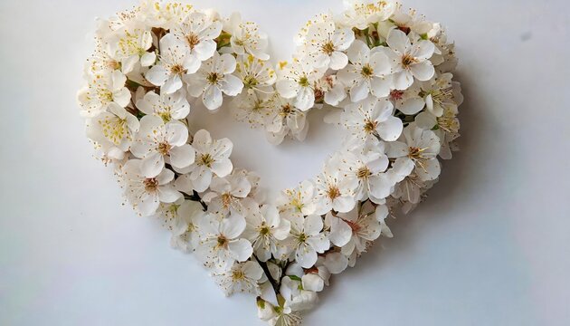 Beautiful Floral heart with white background. Heart Shape Of Cherry Blossoms Ivory. Mothers 